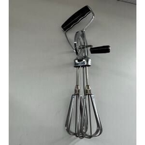 Stainless Steel Chrome Hand Mixer Egg Beater Black Rotary Whisk Crank EUC